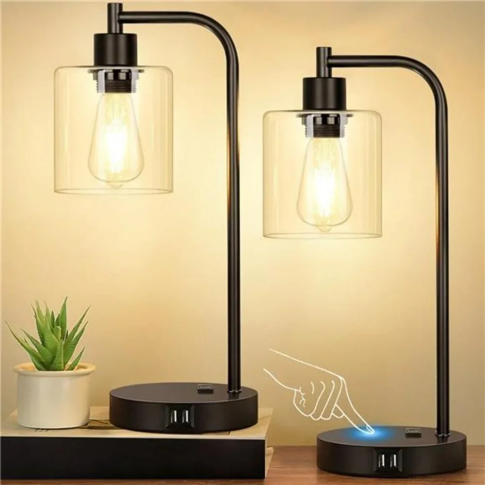 Set of 2 Touch Control Table Lamps with USB Ports Dimmable Bedside Desk Lamps